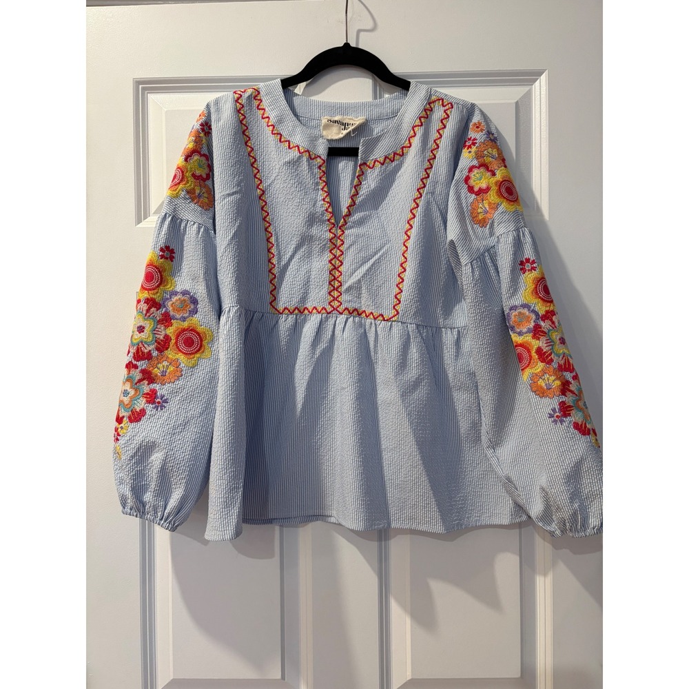Savanna Jane Embroidered Seersucker Babydoll Top Blue White Striped Small 18657